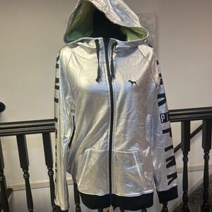 Victoria Secret Pink Metallic Silver Hooded Jacket VS PINK Spellout Size Large